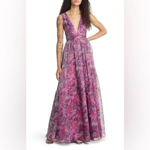 Lulu's Garden Romance Magenta Floral Print Organza Maxi Dress V Neck Size M